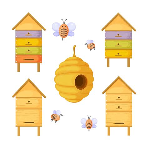 Premium Vector Bee Hives A Set With The Image Of Beehives Of Various
