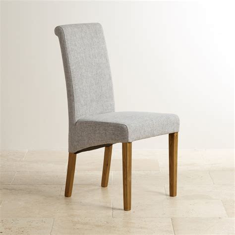 scroll  plain grey fabric dining chair  solid oak legs