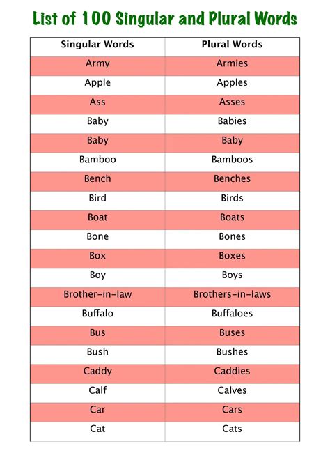 singular  plural words list  rules chart  english
