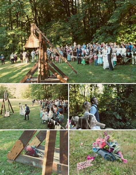 bouquet catapult in the woods camp wedding ideas