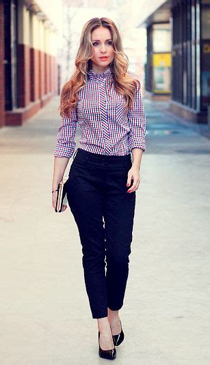 office fashion strict checked blouse with high waisted