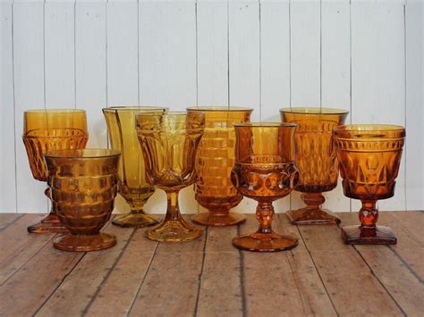 Vintage Mismatched Amber Glass Goblets Wine Glasses Set Of 8 Mix And