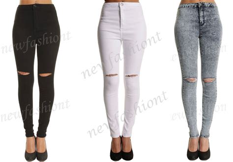ladies ripped knee sexy skinny jeans womens high waisted jegging 6 8 10