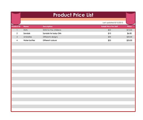 price list templates   printable docs xlsx  formats samples