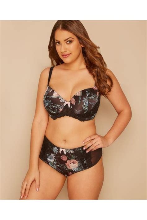 black and multi floral satin brief with mesh panel plus size 16 to 36