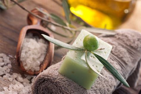 natural spa setting  olive oil stock photo image  bathsalt