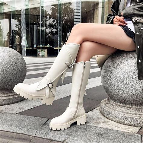 Top Quality Women Long Boots Knee High White Cowhide