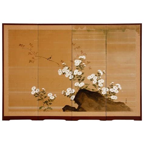 japanese  panel silk byobu screen  chrysanthemums  stdibs