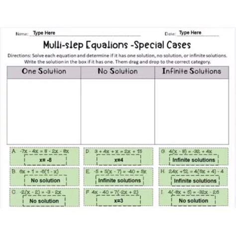 multi step equations  special cases digital card sort activity