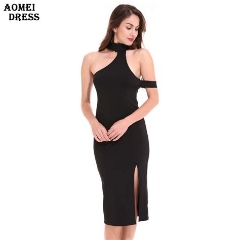 women s black sexy slim bodycon slit dress halter girls tight sheath