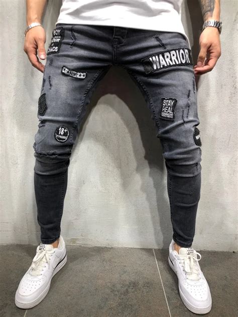 mens ripped skinny distressed destroyed straight fit side pockets
