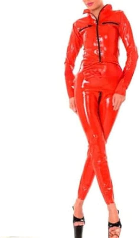 roter sexy latex catsuit mit vier reißverschlüssen gummioverall