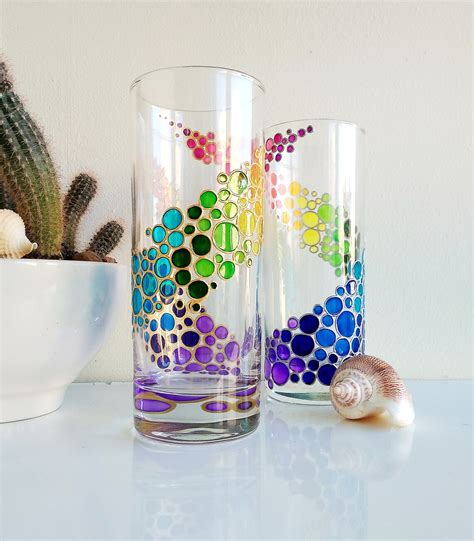 Rainbow Drinking Glasses Set Of 2 Hand Painted Colored Etsy