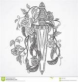 Rozen Medieval Zwaard Bladeren Hoogst Getrokken Bloemen Middeleeuwse Elementen Uitstekende Veren Vict Feathers Tattoodaze sketch template