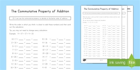 commutative property addition worksheets