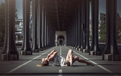 Women Lying Down Bridge Road Blonde Wallpapers Hd