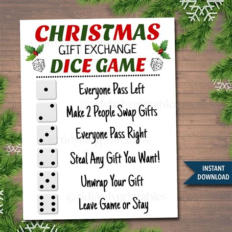 printable christmas gift exchange dice game christmas party etsy