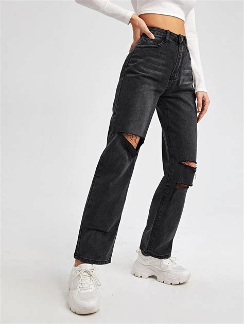 High Waist Ripped Straight Leg Jeans Shein