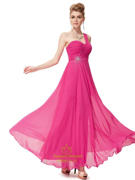 Hot Pink Chiffon One Shoulder Long Bridesmaid Dress With