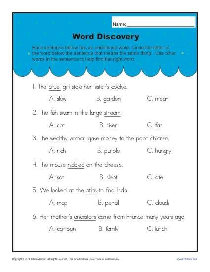 printable word discovery activity context clues  grade