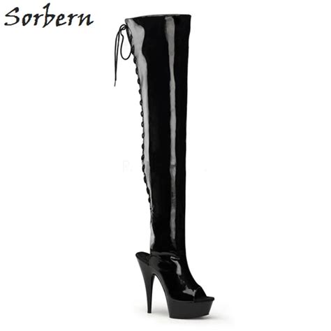 Sorbern Sexy Black Lace Up Back Boots Over The Knee Ladies Shoes Zipper