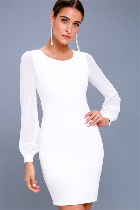 Chic White Dress Long Sleeve Dress Bodycon Dress Lulus