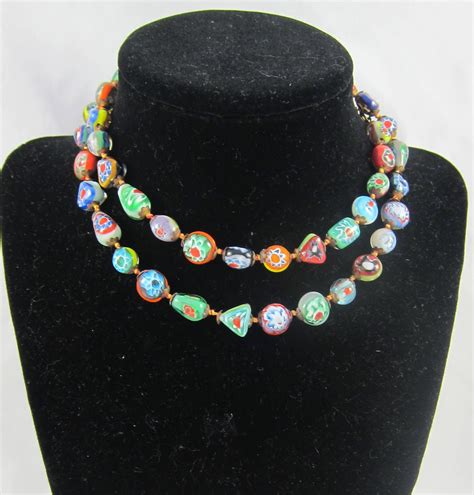 Unusual Colorful Venetian Italian Millefiori Glass Knotted Beads