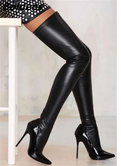 fasnion chic black pu leather pointed toe women stiletto heeled thigh
