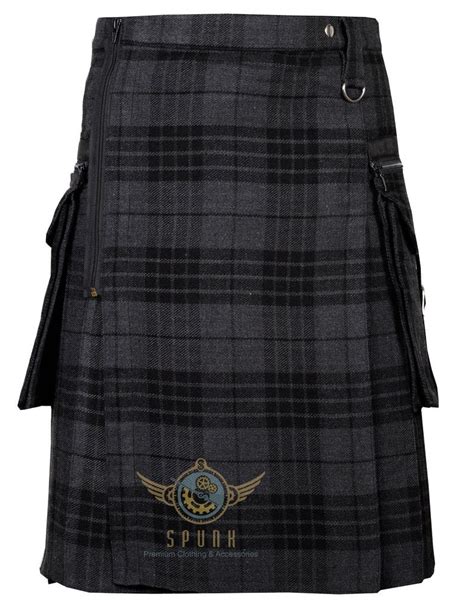 Gothic Punk Rock Grey Watch Tartan Utility Kilt For Men Scottish