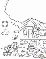 Coloring House Tree Pages Playing Boy Girl Drawing Printable sketch template