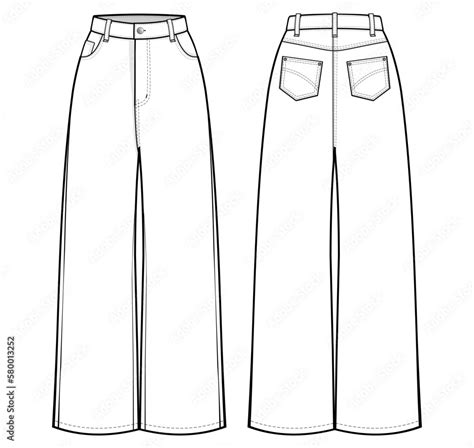 High Waisted Baggy Wide Leg Jeans Flat Technical Drawing Template
