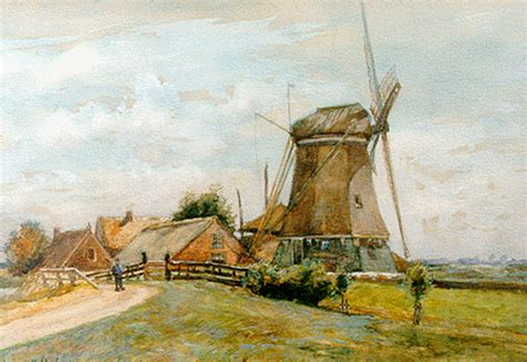 gerard koekkoek watercolours  drawings prev  sale  windmill   polder landscape
