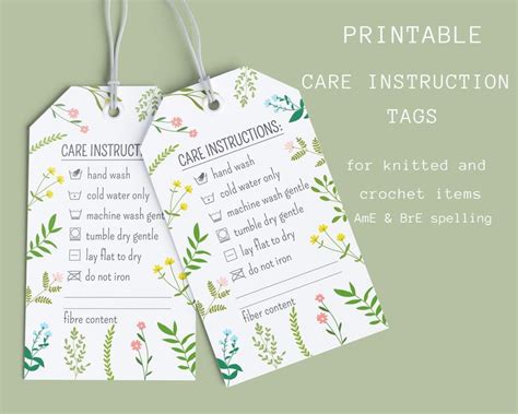 printable care instruction tags  knitted  crochet etsy canada