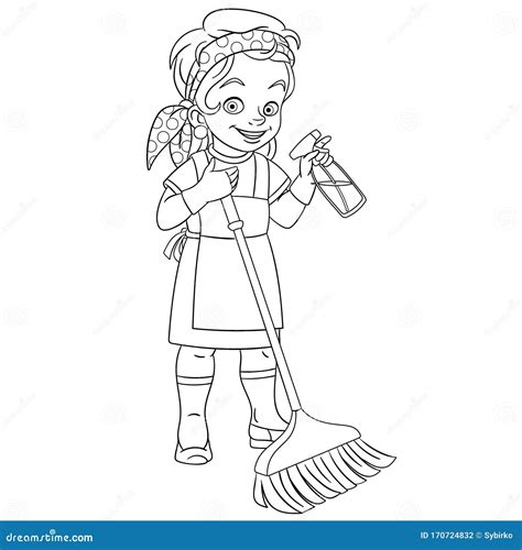 coloring page  cleaner girl house cleaning stock vector