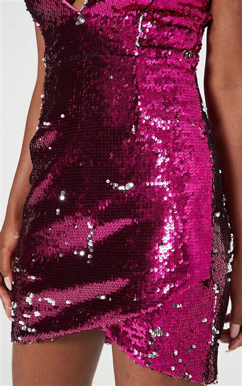 Hot Pink Wrap Front Sequin Bodycon Dress Prettylittlething