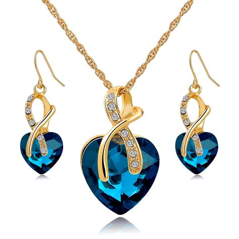 buy gift gold plated jewelry sets  women crystal heart necklace earrings