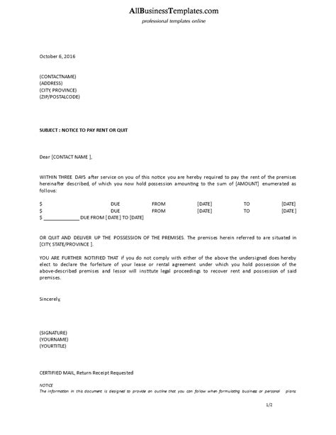 formal letter landlord notice  pay rent templates
