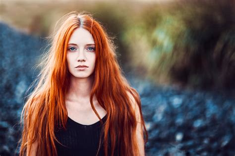 women model redhead long hair bare shoulders face portrait looking at viewer blue eyes