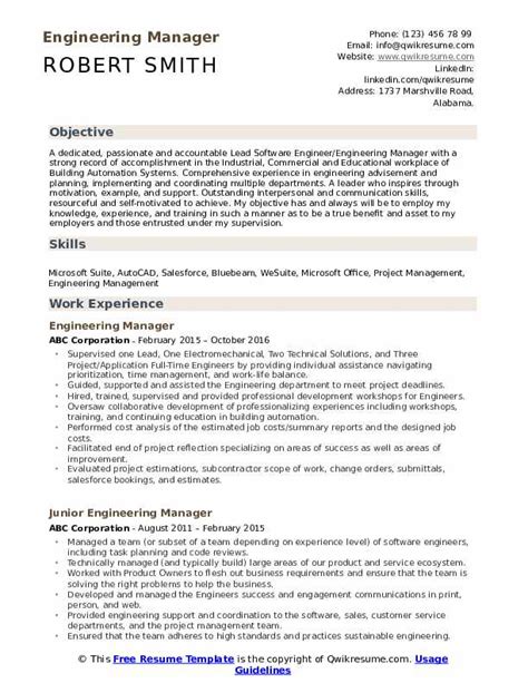 engineering manager resume samples qwikresume