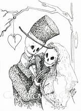 Skeleton Bride Groom Drawing Wedding Dead Halloween Gothic Steampunk Ink Print Pen Drawings Valentine Paintingvalley Card sketch template