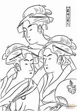 Coloring Utamaro Beauties Kitagawa Present Three Pages sketch template