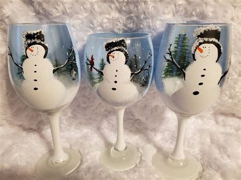 Snowman Wine Glass Christmas Wine Glass Hand Painted Wine Etsy