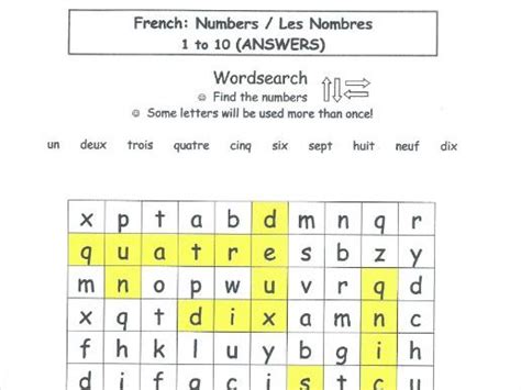French Numbers 1 10 Wordsearch Teaching Resources