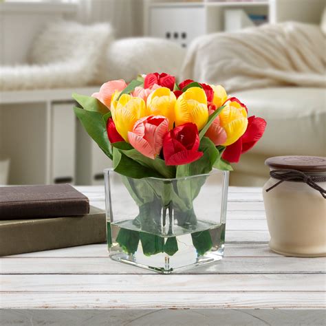 multicolor tulip artificial floral arrangement  vase  faux water fake flowers  home