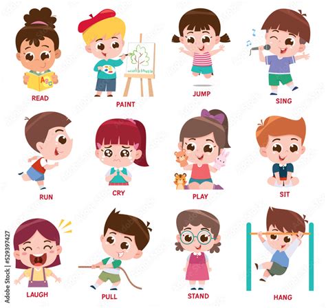vector illustration  verbs expressing actions setcartoon kids