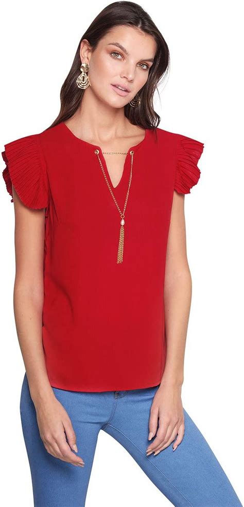 blusa  mujer blusa roja  manga corta plisada  collar incluido mexidea