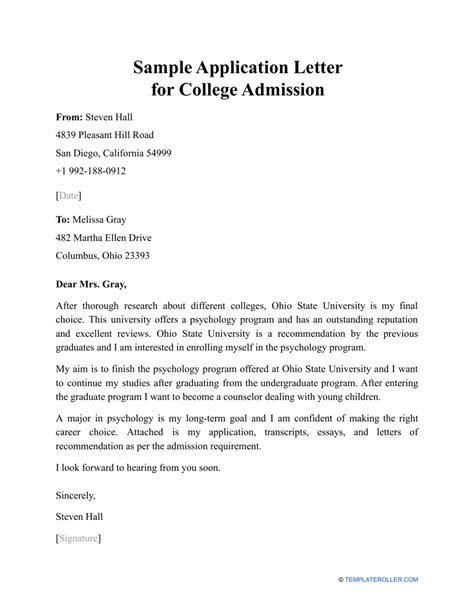 sample application letter  college admission  printable