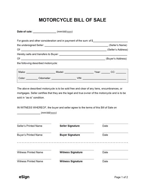 motorcycle bill  sale form  word