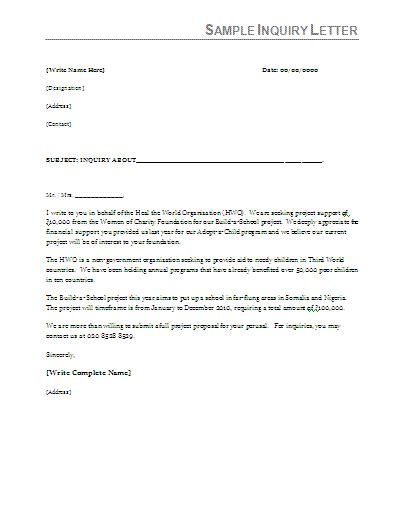 inquiry letter template  word templates