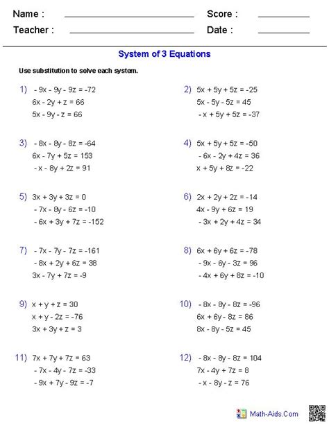 systems  equations worksheets  worksheets